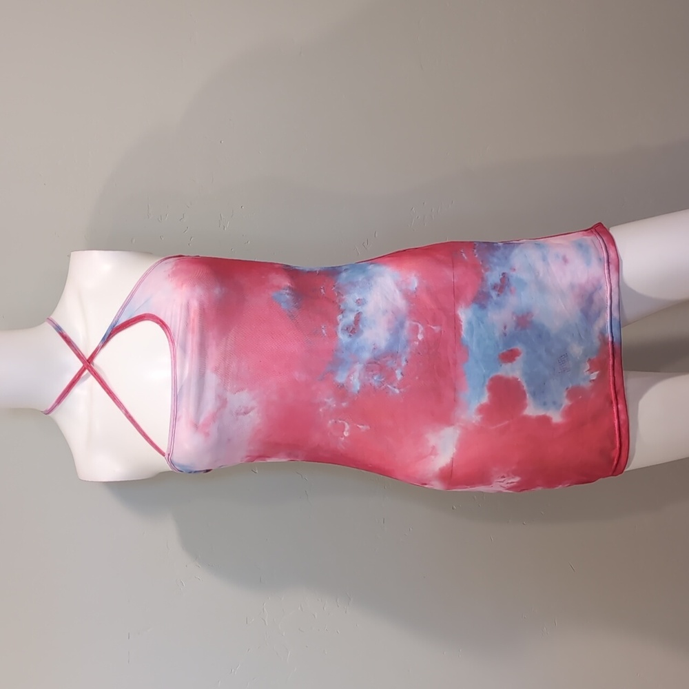 SHEIN Sheer Mesh Blue And Pink Tie Dye Slit Side Criss Cross Strap Mini Coverup
